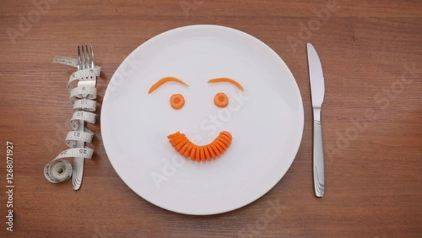 Fototapeta Emoticon carrot on a plate. The cheerful smiley of carrots on a white plate