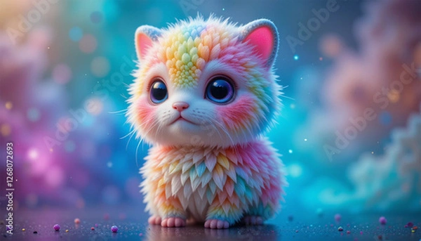 Obraz Adorable, digitally created fluffy kitten with rainbow-colored, scale-like fur sitting on a surface adorned with colorful beads, set against a dreamy, bokeh background