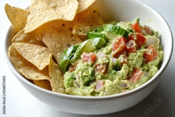 Fototapeta Fresh guacamole served with crispy tortilla chips, perfect for snacking or as an appetizer
