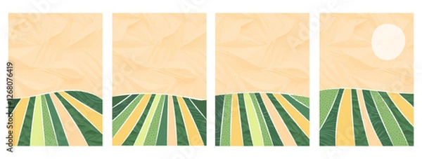 Fototapeta Green rice fields abstract illustration, patchwork design of farmland, eco-friendly layout. Aerial view, textured collage of organic patterns on the farm's landscape. Brochure, poster, vector template