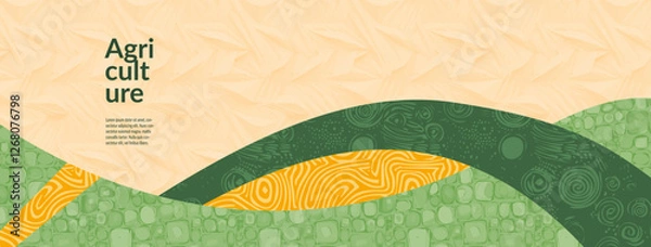 Fototapeta Rural farm with field of wheat barley rice maize and rye a top view vector illustration. Organic texture of crops. Abstract farmland design, village backdrop, summer yield of cereal grain, malt, paddy