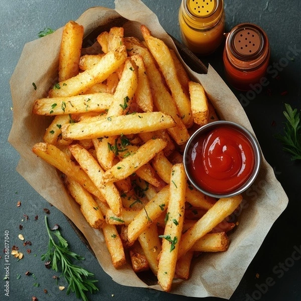Obraz French fries isolated with sauce. Fried potatoes, chips. Fast food. Photo of French fries menu.