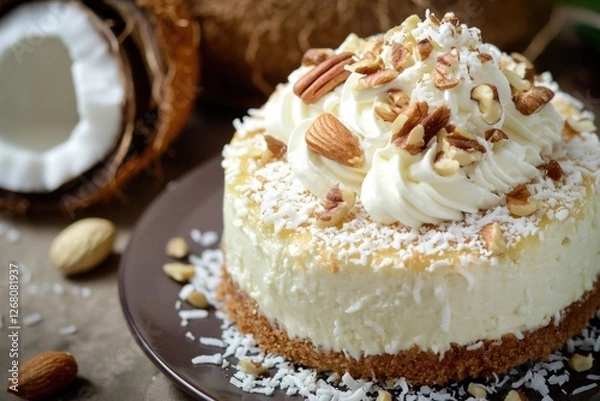 Fototapeta A delicious-looking cake topped with whipped cream and nuts served on a plate, perfect for a dessert or special occasion
