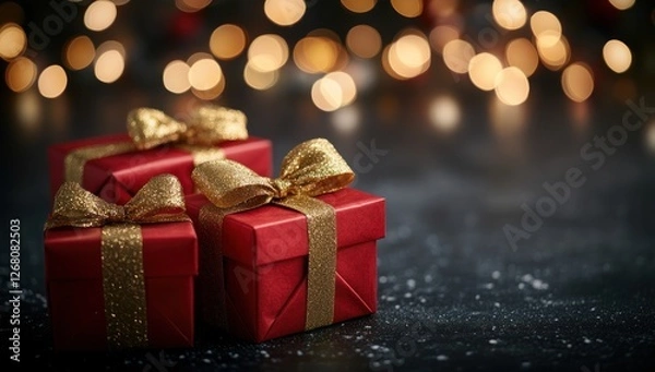 Fototapeta Festive Red and Gold Presents with Bokeh Lights