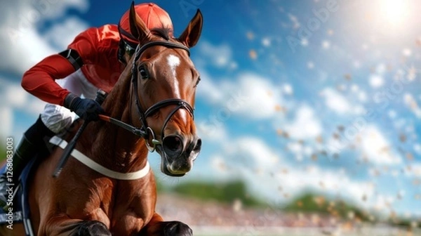 Fototapeta Dynamic Racehorse and Jockey in Action