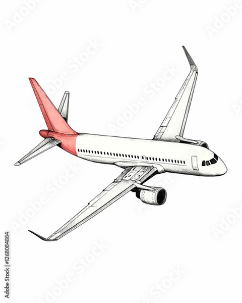 Fototapeta A detailed illustration of a commercial airplane in flight, showcasing elegant design and modern engineering. Perfect for travel and aviation-related projects.