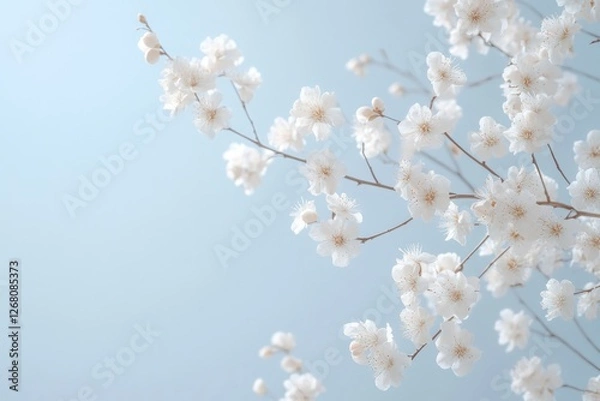 Fototapeta Simple scene with a branch of white flowers against a bright blue sky, suitable for use in presentations or as a background image