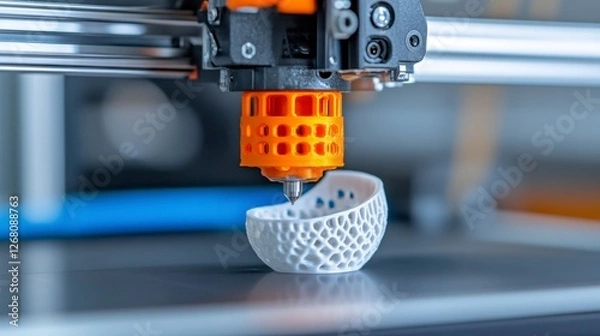 Fototapeta Close Up of Three Dimensional Printer Crafting White Perforated Object with Orange Component