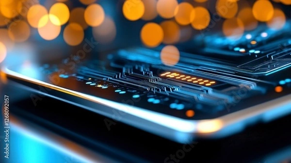 Fototapeta Macro Shot of a Digital Automation Interface with Blue Circuits and Golden Bokeh