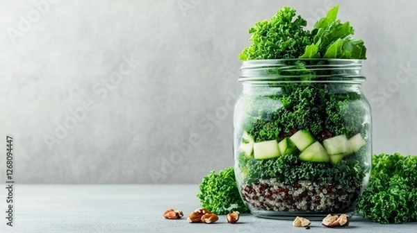 Fototapeta Mason jar salad with kale, quinoa, and cucumber.  Healthy and delicious!