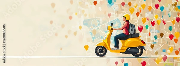 Fototapeta Scooter Delivery Rider: A young woman wearing a helmet rides a yellow scooter against a backdrop of colorful location markers, symbolizing fast and efficient delivery services. 