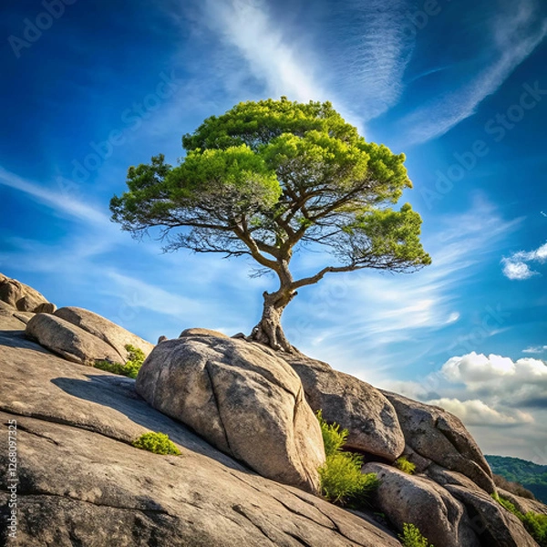 Obraz A solitary, diminutive tree emerges from a rugged, rocky hillside,