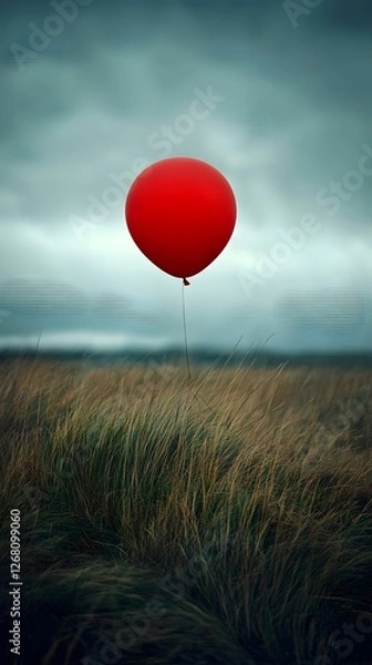 Fototapeta A Captivating Red Balloon Adrift Over a Mysterious Dark Grass Field in an Enigmatic Landscape
