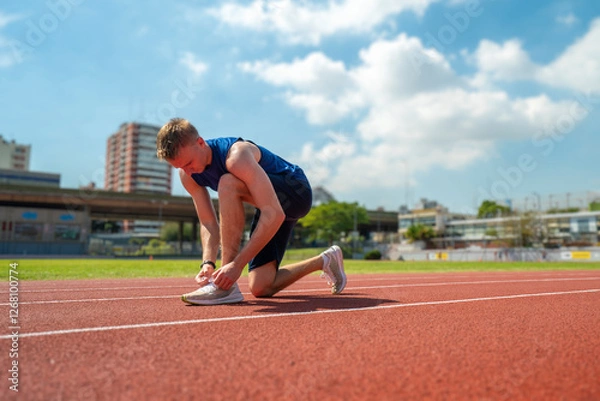 Fototapeta A man is getting ready to run on a track
