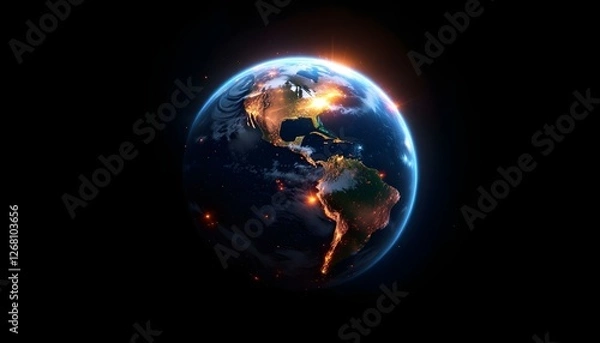 Fototapeta Una tierra resplandeciente con luces naranjas y azules sobre un fondo negro