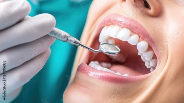 Fototapeta Close-up of a dental check-up, dentist examining patient's teeth with a mirror, during a routine examination.