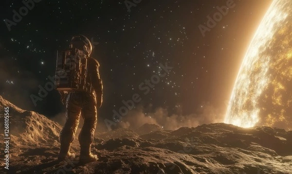 Fototapeta Cosmic explorer standing on an asteroid overlooking a glowing nebula, distant stars casting faint light across the vast expanse, vibrant and ethereal atmosphere