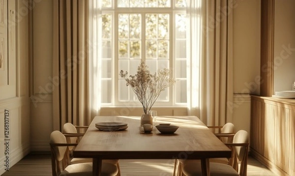 Fototapeta Cozy dining room with a wooden table, beige chairs, and large windows allowing bright sunlight, minimalist decor with soft natural tones, warm and inviting atmosphere
