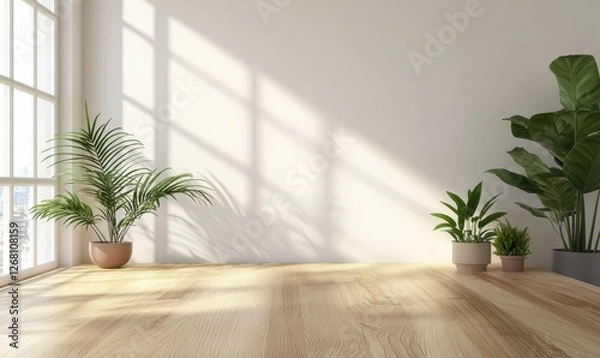 Obraz Minimalist home office setup with a clean wooden desk, potted plants, and bright natural light streaming in.