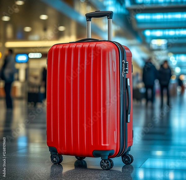 Fototapeta Bright red suitcase stands alone in modern airport terminal, highlighting travel preparation and adventure anticipation