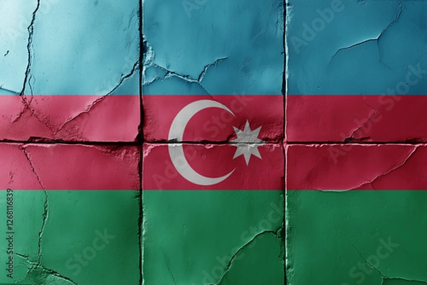 Fototapeta colourful flag of azerbaijan on a massive old, vintage stone wall with a cracks background. concept. Generative Ai
