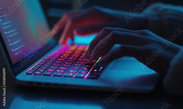 Fototapeta Close-up of hands typing on a modern laptop, glowing screen and soft background blur emphasizing a work-from-home setu