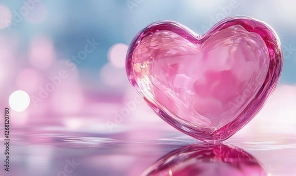 Obraz Abstract pink glass heart floating in mid-air with soft reflections, clean and elegant design, sharp light effects creating a romantic mood