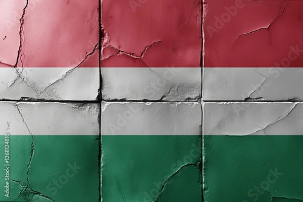 Fototapeta colourful flag of hungary on a massive old, vintage stone wall with a cracks background. concept. Generative Ai