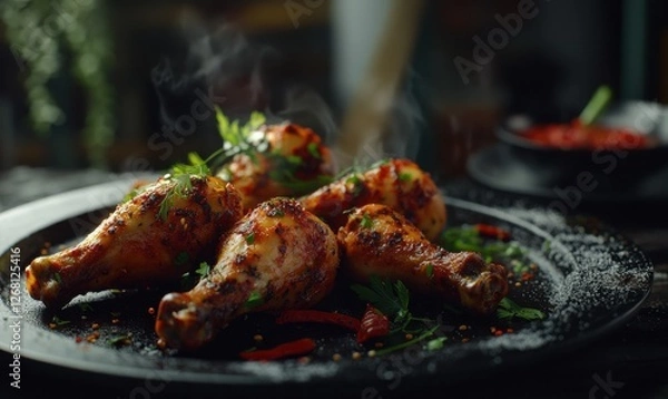 Fototapeta Spicy roasted chicken drumsticks garnished with fresh herbs and chili, served on a dark rustic platter for bold flavor appeal