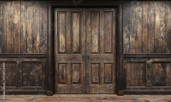 Fototapeta Rustic old wooden doors with peeling paint in rich earthy tones, showcasing weathered textures and a sense of timelessness.