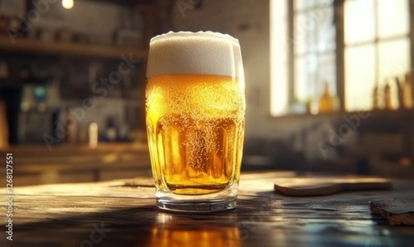 Fototapeta Sleek glass of golden beer with a frothy head on a rustic wooden table, illuminated by warm light for a refreshing beverage concept.
