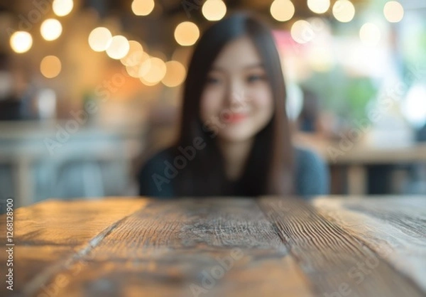 Obraz Beautiful Surface of Wooden Table in Cafe with Bokeh Background.