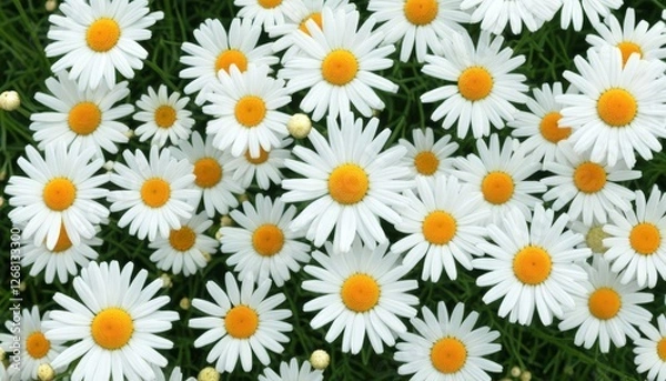 Fototapeta Wunderschöne Nahaufnahme von weißen Gänseblümchen mit leuchtend gelben Blütenmitten auf grünem Hintergrund, ideal als frisches Frühlingsmotiv. Generative KI