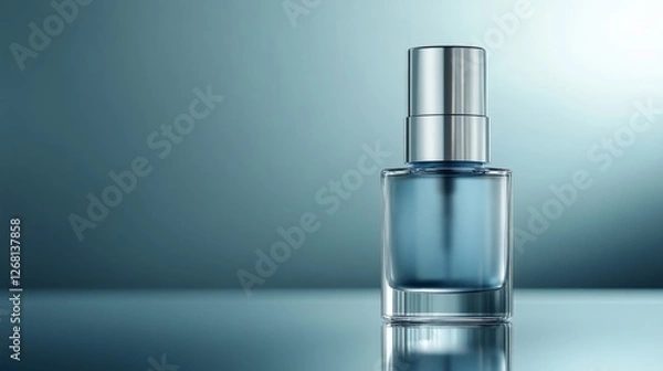 Fototapeta Elegant Perfume Bottle with Silver Cap Reflecting on a Gradient Blue Surface