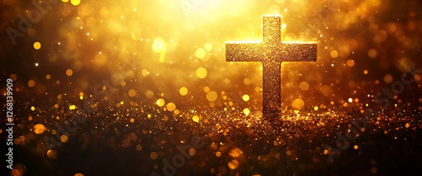 Fototapeta Golden glitter cross shining amidst sparkling lights, symbolizing faith and spirituality, with a blurred bokeh effect representing divinity, hope, and purity.