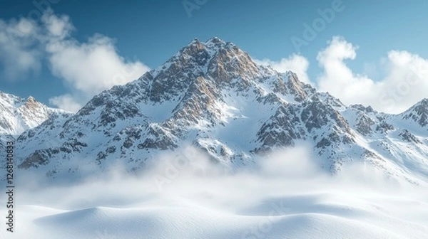 Fototapeta Snow-covered mountain landscape under a clear blue sky with clouds.