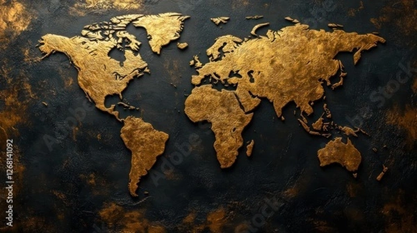 Fototapeta Golden embossed world map on a dark matte surface, premium aesthetic