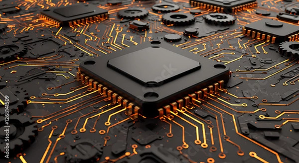 Fototapeta Microchip Circuit Board Technology Integrated Chips, Processors, and Electronic Components