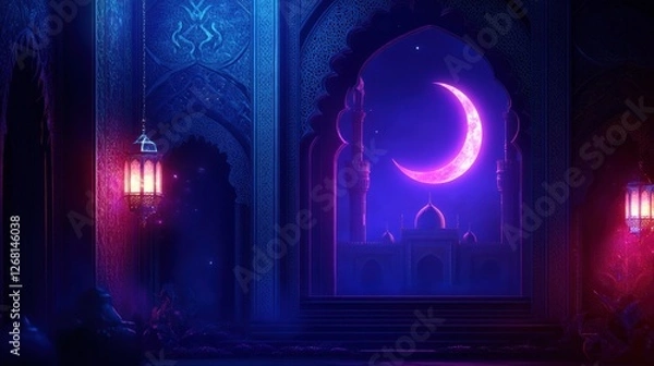Fototapeta Night scene of a mosque viewed through an ornate archway