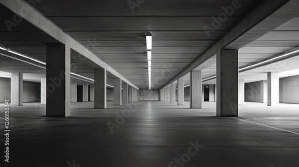 Fototapeta Empty Concrete Parking Garage with Fluorescent Lights