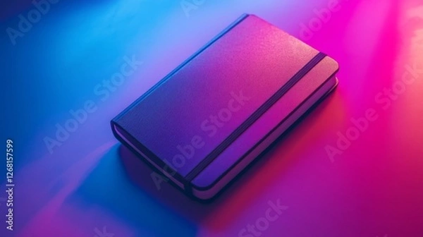 Fototapeta Closed Textured Notebook with Elastic Band Under Neon Lighting in Close Up