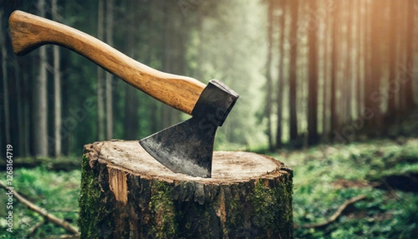 Fototapeta Old axe with wooden handle stuck in a tree stump forest. AI