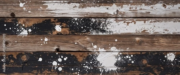 Fototapeta The rustic wood is divided into two horizontal panels, each showing a variety of paint splatters and stains in shades of white, black, and brown