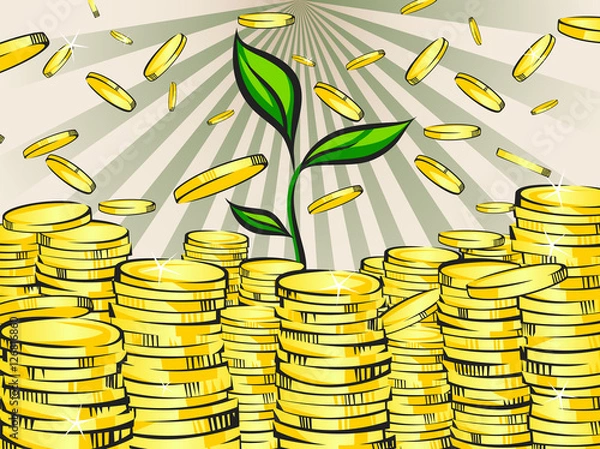 Obraz Golden money stacks with green sprout of wealth tree. Gold coins. Retro vector illustration of the shining wealth. Pop art treasure image.