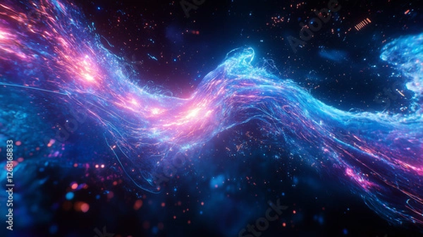 Fototapeta Glowing Neural Network Brain with Digital Circuits and Flowing Particles in Vibrant Blue and Purple