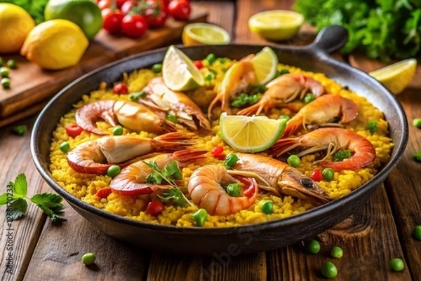 Fototapeta Delicious Paella with Prawns, Rice, Lemon, and Butter - Stock Photo