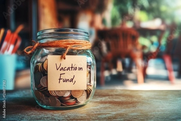 Fototapeta Vacation fund jar filled with coins on wooden table in cozy indoor setting