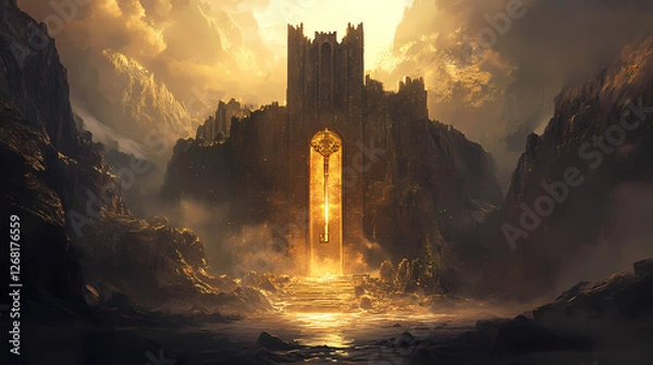 Obraz Think big to success , walk to achieve golden key before a mystical mountain door. Gilded Ruins. Illustration
