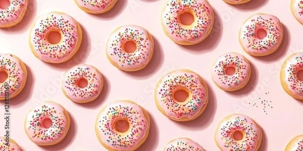 Obraz Flat lay of pink donuts with sprinkles on a pink background.