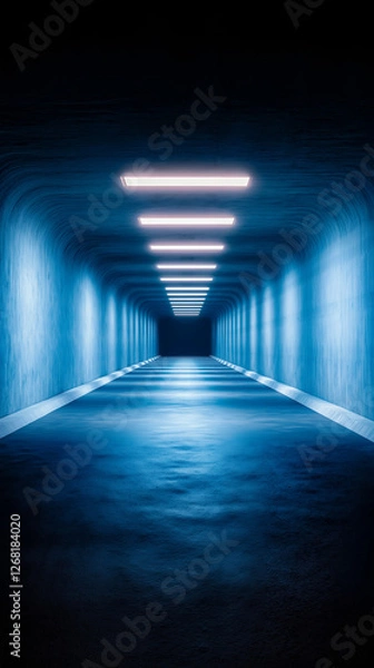 Obraz A long tunnel with blue lights in the middle of it